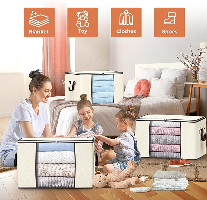 90 L Large Storage Bags, 4 Pack Clothes Storage Bins Foldable Closet Organizers Storage Containers with Reinforced Handle for Clothing, Blanket, Comforters, Bed Sheets, Pillows and Toys (Beige)