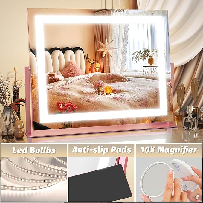 FENNIO Vanity Mirror with Lights 22''x18'' Makeup Mirror with Lights,Lighted Makeup Mirror with 10X Magnification，Smart Touch Screen with 3-Color Lighting,Dimmable（Square Pink）