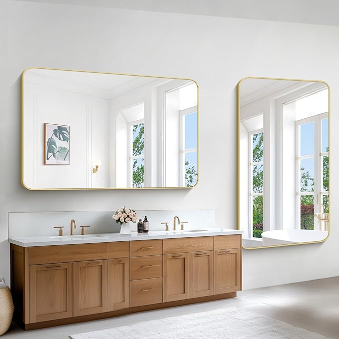 BONEWEI Gold Bathroom Mirror,60x36 inch Wall Mirror for Bathroom Wall Mounted,Round Rectangle Mirror for Bathroom Over Sink,Modern Frame for Home Decor Living Room,Bedroom Entryway,Horizontal/Vertical