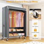 P6C Plus Rolling Clothes Rack with Cover, Covered Clothing Rack Heavy Duty, Portable Closet for Hanging Clothes, Garment Rack on Wheels, Black Closet Rack with Gray Cover, Max Load 375LBS