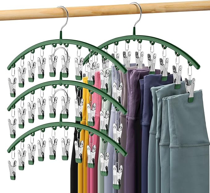 Legging Organizer for Closet, Metal Yoga Pants Hangers 4 Pack w/10 Clips Holds 40 Leggings, Space Saving Hanging Closet Organizer w/Rubber Coated Closet Organizers and Storage, Green