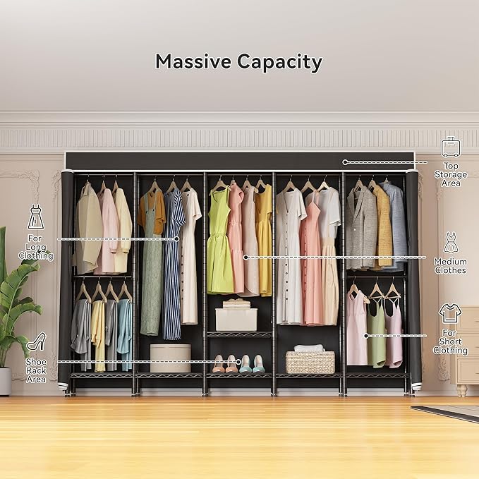 94.5"W Heavy Duty Clothing Rack with Cover, H5C Garment Rack with Adjustable Shelves Freestanding Wardrobe Closet with Hanging Rods Portable Closet, Black Rack with Black Cover, Load 1400 lbs