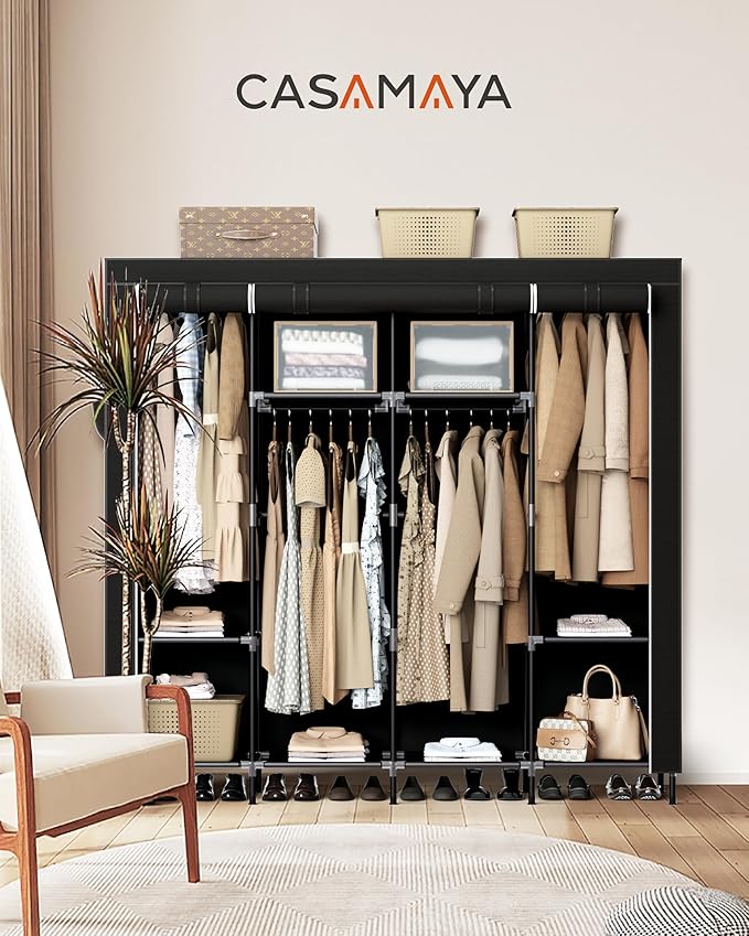 Portable Closet, 66.9 Inch Large Capacity Wardrobe Closet with Cover, Clothes Storage Organizer with Shelves and 4 Hanging Rods, Easy to Assembly, Black PCT204B01