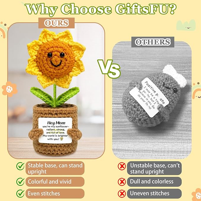 Gifts for Mom Mothers Day Birthday Gifts- Positive Crochet Sunflower, Funny Cute Small Sunflower Gift for Mom Bonus Mother in Law from Daughter Son Positive Emotional Support Pickle Gift