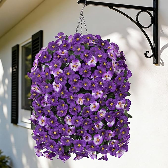 HyeFlora Artificial Flowers for Outdoors 2pcs Faux Silk Pansy Vines Lush UV Resistant Fake Hanging Flower Plants for Outside Porch Yard Patio Window Box (White)
