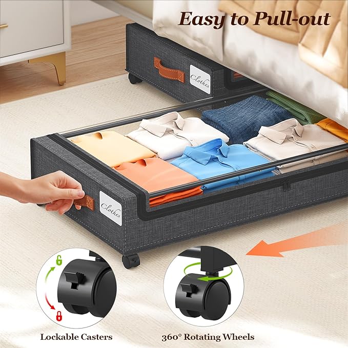 Yecaye Under Bed Storage with Wheels 2 Pack, 85L Extra Large Under Bed Storage Containers with Metal Frame & Clear Lid, Rolling Underbed Organizer Bins Drawers for Clothes, Shoes, Blankets, Hemp Grey
