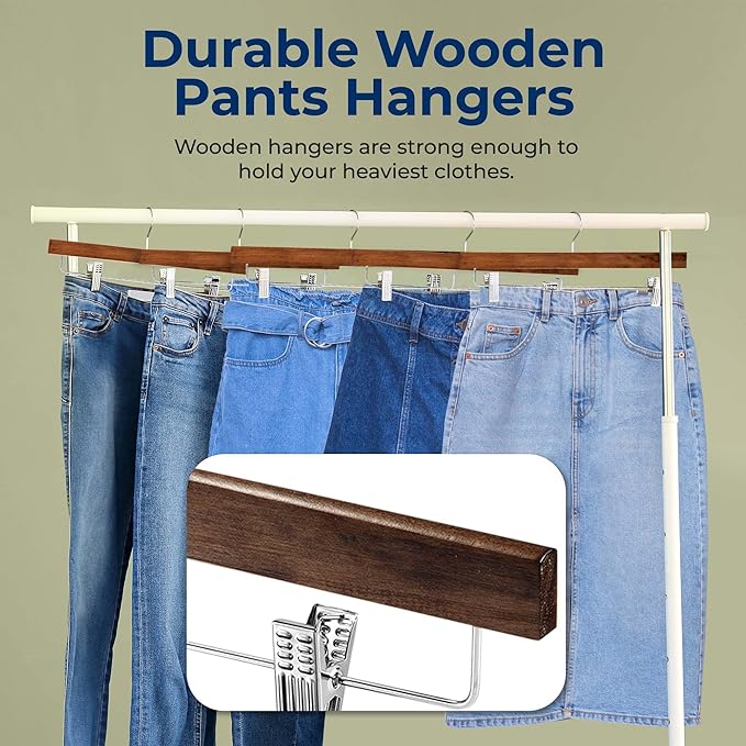 SereneLife 20 Pack Skirt and Pant Hanger with Adjustable Non-Slip Steel Clips, Premium Wooden, 360° Swivel Hook & 10 lb Capacity – Space-Saving Heavy-Duty Hangers for Jeans, Shorts & Slacks (Brown)