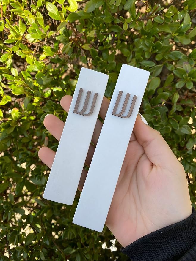 A&S Mezuzot Modern Concrete Mezuzah Case with Scroll, Easy Peel and Stick Mezuza (Ivory+ Wood Shin, 6 Inches)