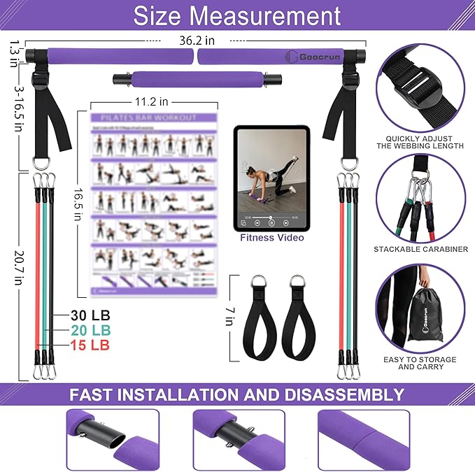 Portable Pilates Bar Kit with Resistance Bands for Men and Women - 3 Set Exercise Resistance Bands - Multifunctional Home Gym - Supports Full-Body Workouts – with Fitness Poster and Video