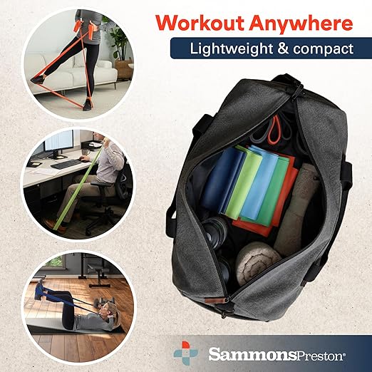 Sammons Preston 5pk Resistance Bands for Working Out, Color‑Coded Non‑Latex Exercise Bands, 5 ft Stretch Bands for Physical Therapy, Workout Bands for Strength, Flexibility & Toning