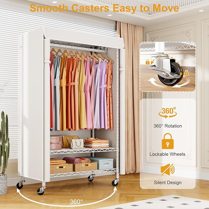 P6C Rolling Clothes Rack with Cover, Covered Clothing Racks Heavy Duty, Portable Closet for Hanging Clothes, Garment Racks on Wheels, White Closet Rack with White Cover, Max Load 365LBS