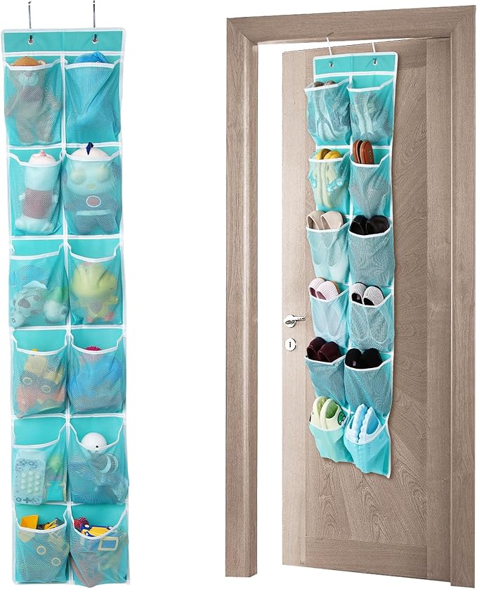 Over the Door Hanging Shoe Organizer, 12 Pockets, Turquoise