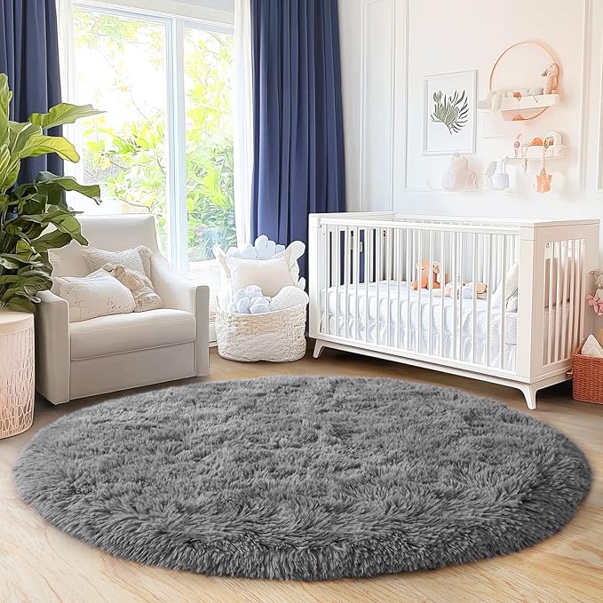 6‘x6’ Grey Round Rug for Bedroom, Ultra Soft Fluffy Circle Rug for Kids Girls Boys Room, Cute Shag Rugs for Living Room Playroom Teen Room Home Decor Rug