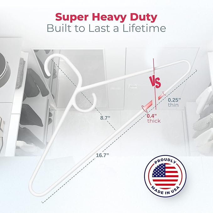 Neaties Super Heavy Duty Clothes Hangers 20 Pack (24 Count) – Made in the USA - 10lb Capacity, Thick Plastic Hangers for Pants, Coats, Jackets, Jeans and Adult Clothing – White