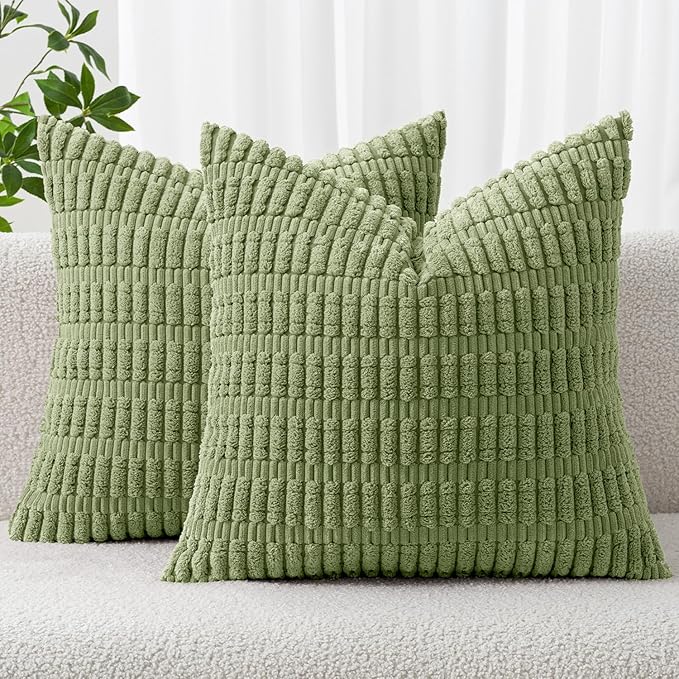 MIULEE Pack of 2 Spring Corduroy Decorative Throw Pillow Covers 20x20 Inch Soft Boho Striped Pillow Covers Modern Farmhouse Home Decor for Summer Sofa Living Room Couch Bed Sage Green