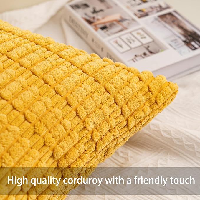 Aegero Pack of 2 Corduroy Decorative Throw Pillow Covers 12x24 Inch Soft Striped Pillow Covers Modern Farmhouse Home Decor for Sofa Living Room Couch Bed（Yellow）