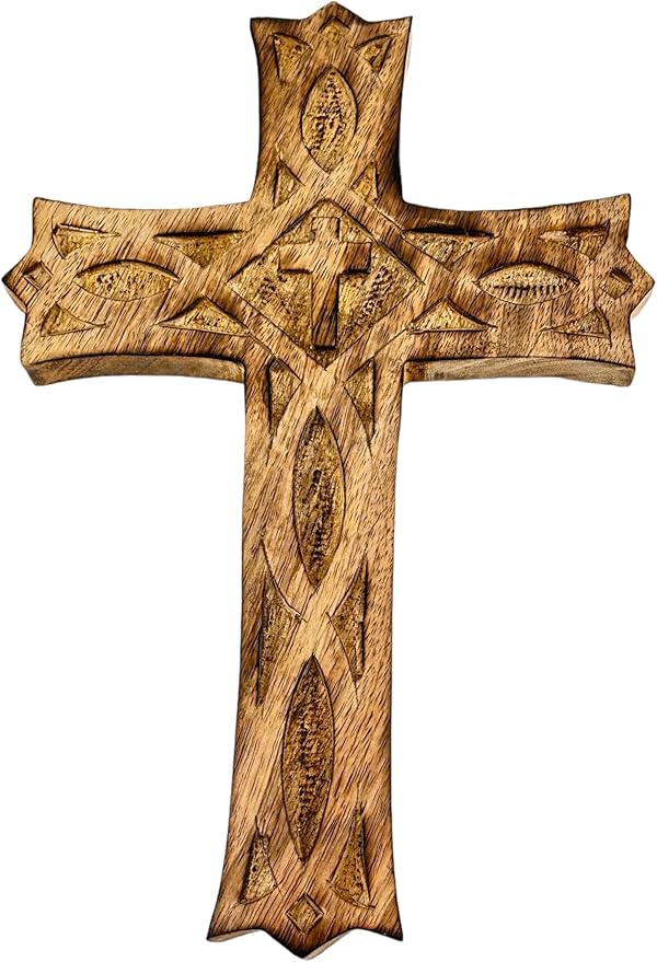 Wooden Cross 10 Inches Handmade Catholic Crucifix Wood Wall Cross Christians Spiritual Hanging Ornament Church Wall Decor For Home Office Living Room Long Hand Carved Ideal Christmas Gift for Women