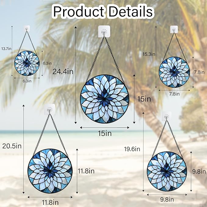 Stained Glass Suncatcher, Blue White Multi-Petal Flowers Sun Catcher Landscape Stain Glass Window Hanging Decoration Mother's Day Birthday Gifts for Women Men Mom Nana 9.8 in