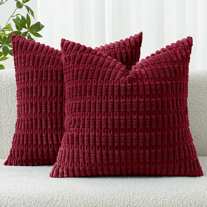 MIULEE Pack of 2 Burgundy Corduroy Decorative Pillow Covers 18x18 Inch Soft Boho Striped Throw Pillow Covers Modern Farmhouse Home Decor for Sofa Living Room Couch Bed