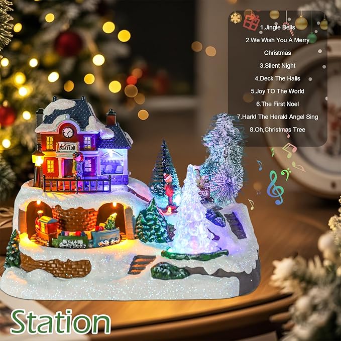 WONDER GARDEN Christmas Village Houses-Christmas Houses Village - Lighted Musical Railway Station Moving Train Town Sets with Revolving Acrylic Trees Animated Figurines for Indoor Decor or Gift