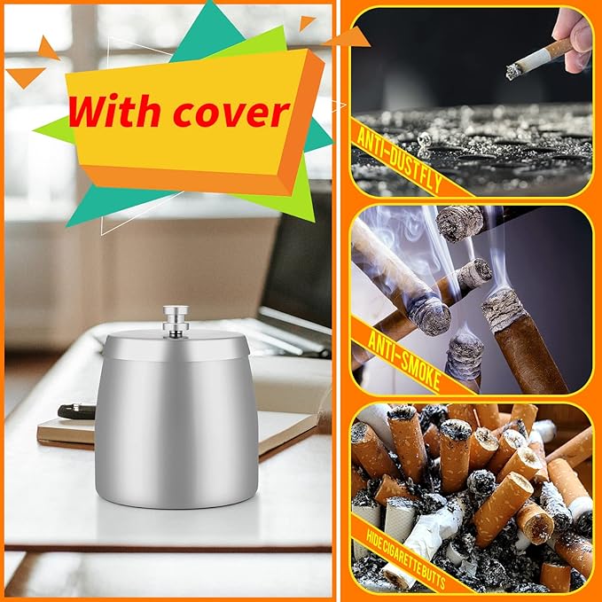 HARTAR Smokeless Ashtrays for Cigarettes Indoor, Ash Tray Sets for Outdoor Windproof Cute Home Large Funny Metal Outside Ashtray with Lid for Cigarettes Butt Can for Outside Patio, Large