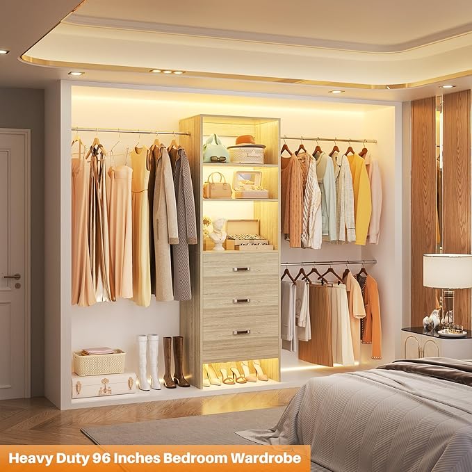 Homieasy 96 Inches Closet Organizer System, 8FT Customizable Walk In Closet Organizer with Hanging Rods, 3 Leather Handle Drawers Garment Rack, 96" L x 16" W x 75" H, Max Load 1000 LBS, White Oak