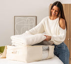 Soft Canvas Storage Bags with Zipper. Thick Breathable, 1pc King/Queen Comforter Organizer. Four Carrying Handles and Window. Large 25x19x9in Bag for Sheets Blankets Bedding Pillows, Clothes