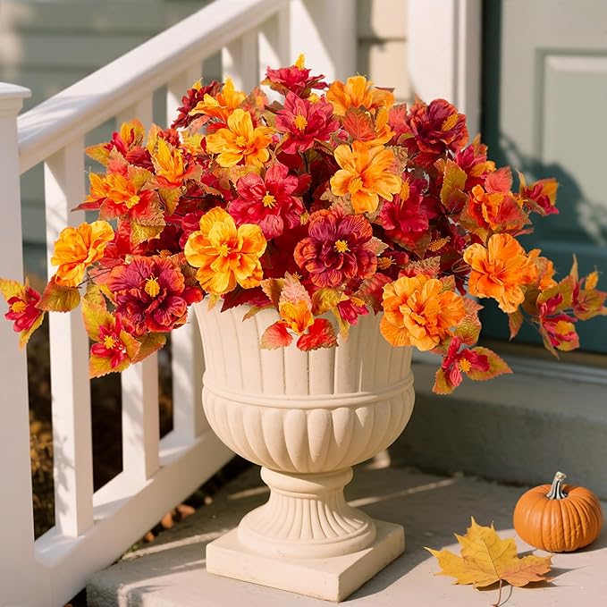 Fall Flowers Artificial for Outdoors Decoration, 2PCS Fake Fall Flowers for Outdoor Planters, Autumn Faux Hibiscus UV Resistant No Fade for Home Porch Patio Garden Balcony Yard Indoor Decor