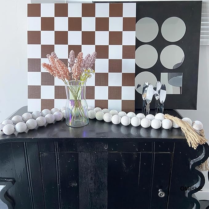 OMISHE 76" Long Extra Large Wood Bead Garland with 1.6" Diameter Wooden Beads and Tassels, Rustic Farmhouse Country Decorative Beads for Home Tiered Tray Decor, Rustic White
