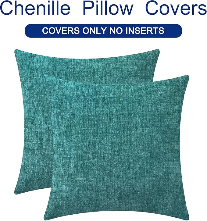 CaliTime Throw Pillow Covers Decorative 24 X 24 Inches Pack of 2 Cozy Chenille Cushion Cases for Couch Sofa Bed Living Room Home Teal