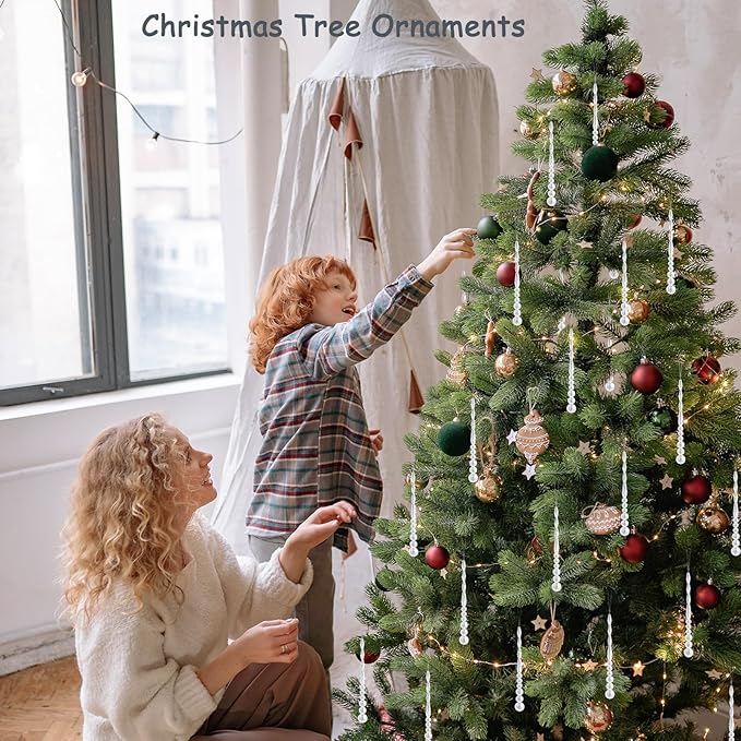 12pcs Crystal Icicle Christmas Tree Ornaments, Glass Beads Hanging Chandelier Pendants for Christmas Party Wedding Winter Decorations (White Clear)