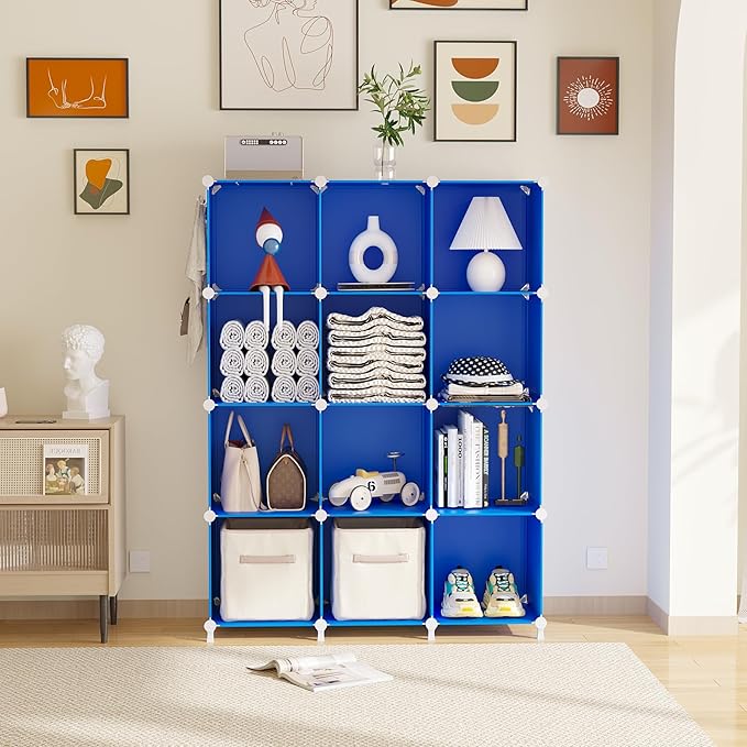 AWTATOS Cube Storage Organizer, 12 Cube Closet Organizers and Storage Shelves, DIY Stackable Bookshelf for Bedroom, Home, Admiral Blue