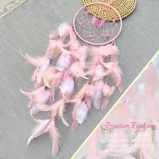 Handmade Feather Dream Catchers, Dream Catchers for Girls with Butterfly, Art Room Decoration for Kids Bedroom, Home Decoration Wedding Party Blessing Gift (Pink)