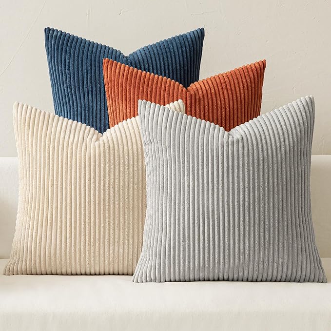 MIULEE Boho Farmhouse Throw Pillow Covers 18x18 Inch Set of 4 Summer Mordern Neutral Cushion Covers Soft Corduroy Nordic Home Decor for Couch Bed Sofa Living Room Blue-Yellow