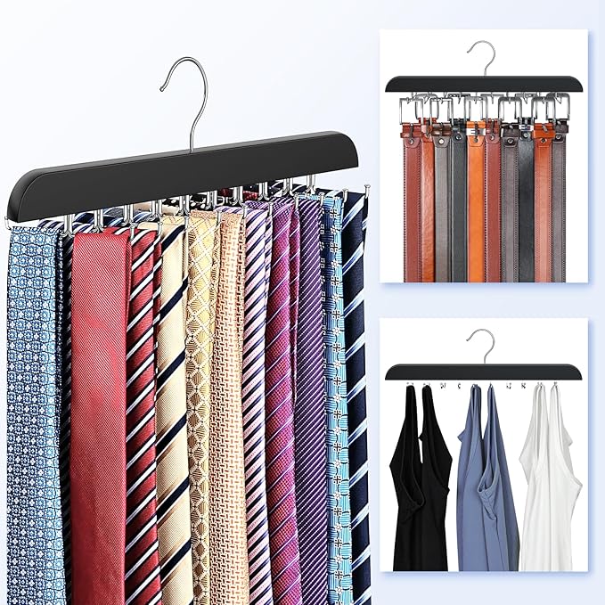 Upgraded Tie Rack Hanger with 20 Foldable Metal Hooks, Space Saving Necktie Organizer for Men – Large Capacity Tie and Belt Wooden Hanger for Closet - Black