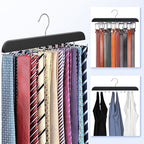 Upgraded Tie Rack Hanger with 20 Foldable Metal Hooks, Space Saving Necktie Organizer for Men – Large Capacity Tie and Belt Wooden Hanger for Closet - Black