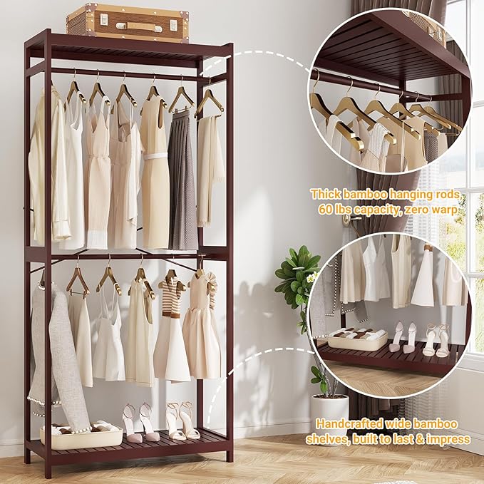 Homykic Bamboo Clothes Rack with Shelves and Double Hang Rods, Portable Closet System Garment Rack for Hanging Clothes, Tall Clothing Rack Corner Closet Organizer, Easy to Built, Espresso