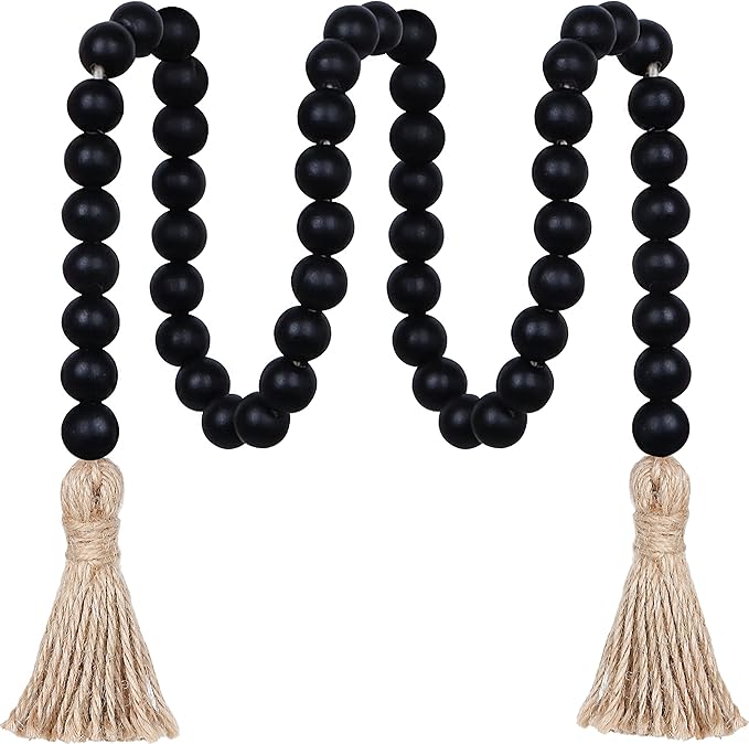 Meplait 39in Wood Bead Garland Farmhouse with Tassels,Versatile Prayer Beads Boho Chic Wall Hanging Home Decor (Black)