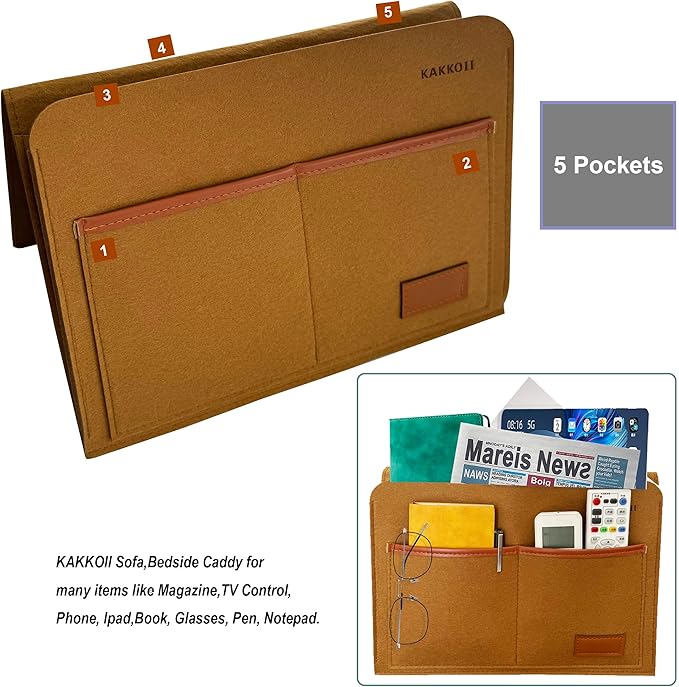 Bedside Caddy, Sofa Caddy, Storage Organizer Pocket for Dorm, Bedroom, 5 Pockets Felt Organizer for Magazine, Remote, Phone, Tablet, Pad, Glasses, Pen, Remote Control (Brown-Short)
