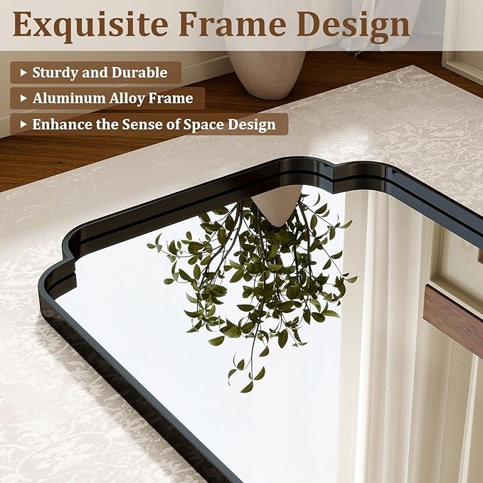 30X48 Inch Black Bathroom Mirror for Wall, Modern Rounded Corner Rectangle Mirror with Non-Rusting Iron Metal Framed Bathroom Vanity Mirror for Over Sink Wall Decor