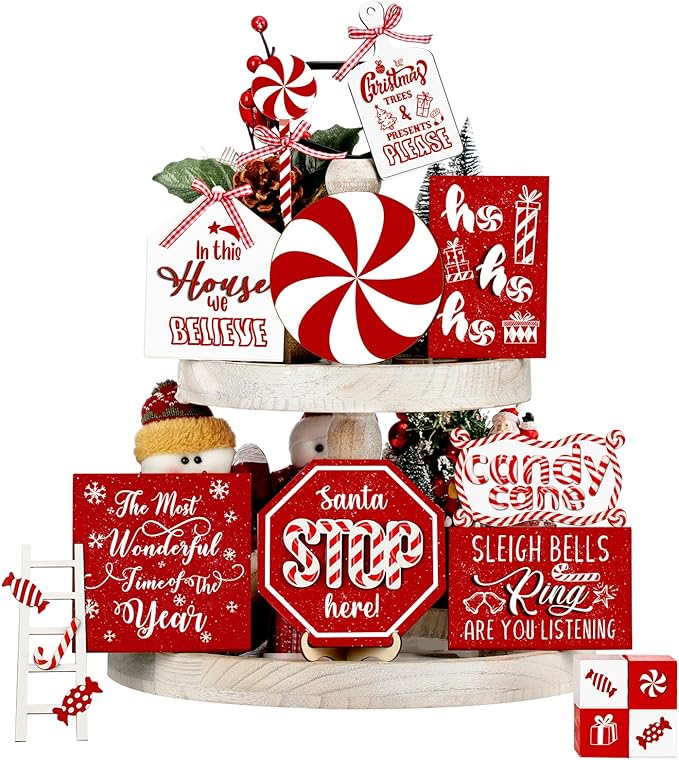 Mifoci 14 Pcs Christmas Tiered Tray Decor Rustic Christmas Decorations Snowman Santa Candy Wood Sign Xmas Table Tiered Tray Winter Farmhouse Rustic Table Decor for New Year Home Shelf Tabletop