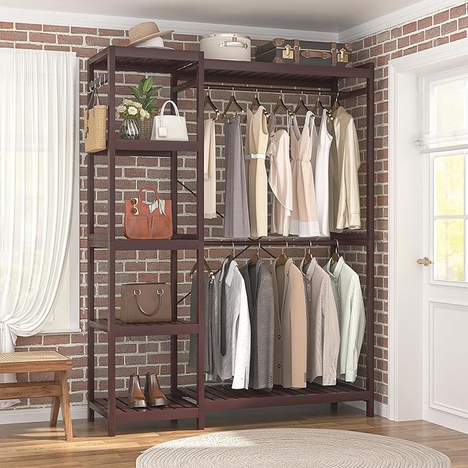 Homykic Bamboo Clothes Rack Garment Rack for Hanging Clothes, Heavy Duty Clothing Rack with 7 Tiers Adjustable Shelves, Double Rods, 4 Hooks, Freestanding Closet System Organizer Wardrobe, Espresso
