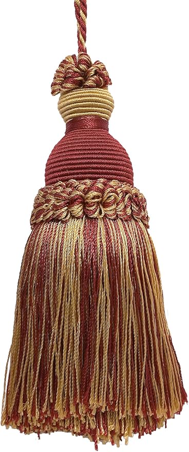 DÉCOPRO Beautiful Hand-Crafted 5" (12.5cm) Key Tassel, 3 1/2" (8.5cm) Loop # IKTJ, Burgundy Gold #1253 (Carmine Red, Yellow Gold, Dark Red) Set of 2
