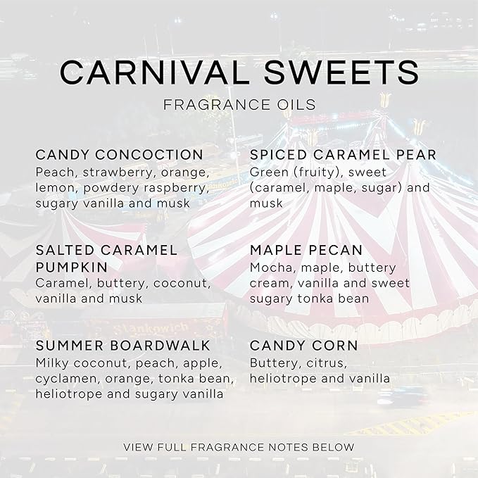Eternal Essence Oils Carnival Sweets Set of 6 Premium Fragrance Oils - Candy Corn, Salted Caramel Pumpkin, Candy Concoction, Summer Boardwalk, Spiced Caramel Pear, and Maple Pecan Scented Oils - 10ML