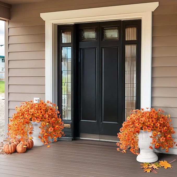 INQCMY Artificial Fall Flowers for Outdoors Realistic Faux Autumn Hanging Plants 2Pcs Fake Mums Fake Flowers for Porch Patio Outdoor Decor Home Decor UV Resistant (Orange Sunset Red)