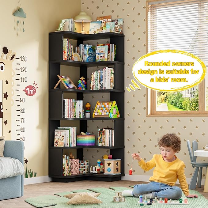 Armocity Corner Book Shelf - 6 Tier Corner Bookshelf Etagere Bookcase with Baffle, Freestanding L Shaped Display Shelf Stand for Home Office, Living Room, Bedroom, Kitchen, Black
