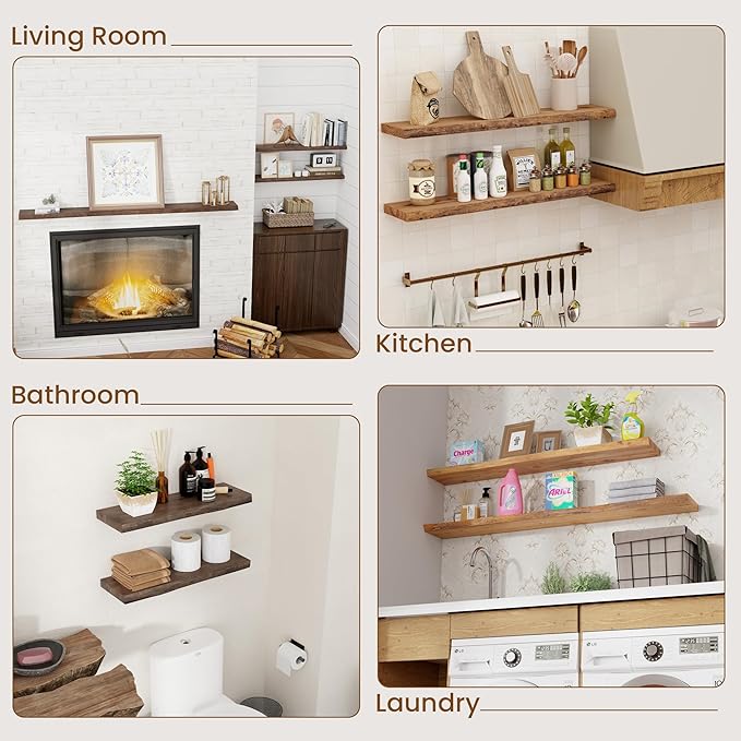 Floating Shelves for Wall Decor, Rustic Solid Elm Wood Live Edge Floating Shelves Wall Mounted, Wall Shelves with Invisible Bracket for Living Room Bathroom Bedroom Kitchen, 36 Inch Set of 2, Walnut