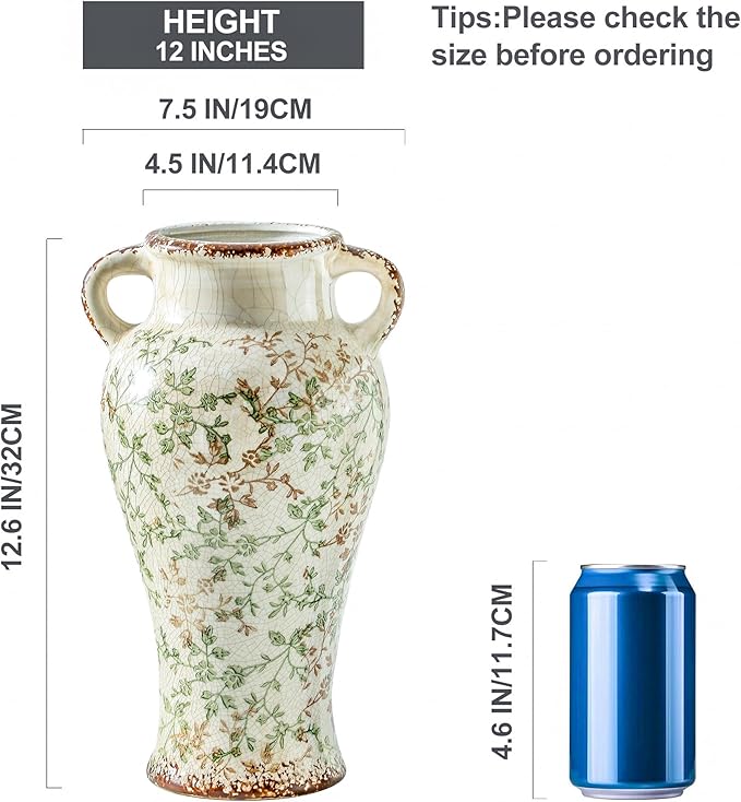 Enra Farmhouse Vintage vase with Handle,12.6 in Ceramic Chinoiserie Floral Vase,Green and Beige Decorative Flower vase,Large Rustic Vases for Home Decors, Living Room, Bookshelf, Office