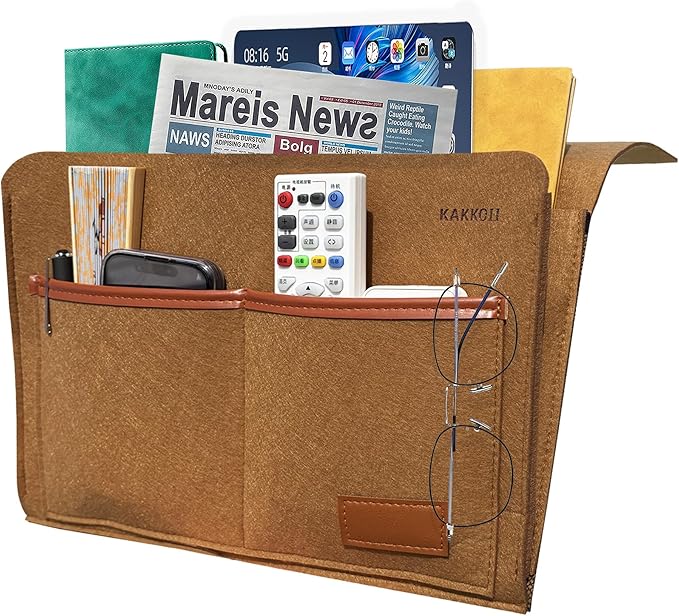 Bedside Caddy, Sofa Caddy, Storage Organizer Pocket for Dorm, Bedroom, 5 Pockets Felt Organizer for Magazine, Remote, Phone, Tablet, Pad, Glasses, Pen, Remote Control (Brown-Short)