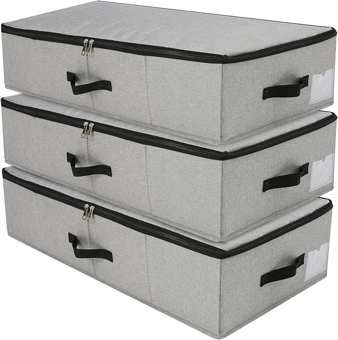 AMJ Under Bed Storage Organizer, Set of 3, Underbed Closet Storage Solution for Closet Organizers Storage Containers with Durable Handles Thick Fabric, Breathable, Linen Dark Gray